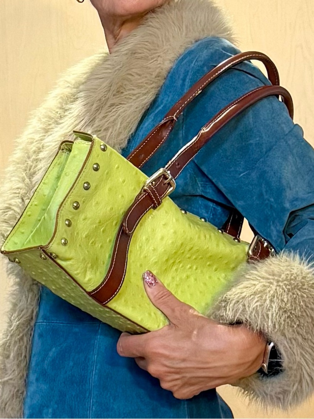 Vintage Claudia Firenze, Italy Leather Studded Satchel Lime Ostrich Embossed Bag